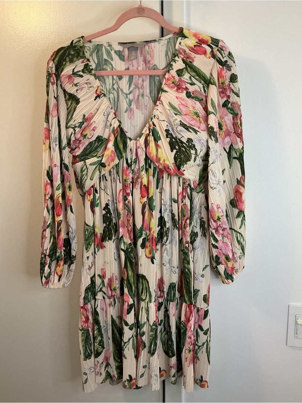 Girls' Floral Long Sleeve Tiered Dress - Pink & Green